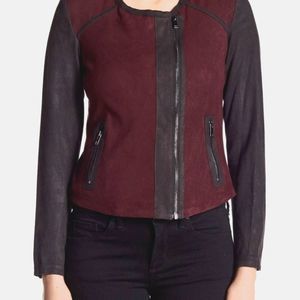 Jessica Simpson faux suede Alora asymmetrical jacket cranberry wine/black xs